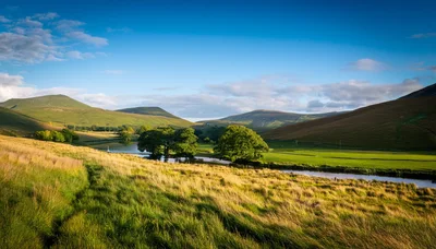 Scenic Landscape Of Rolling Green Hills And River