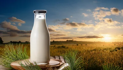 Glass Bottle Of Fresh Milk On Wooden Surface