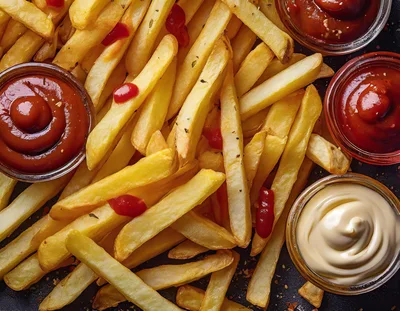 Golden French Fries With Ketchup And Mayonnaise Dips