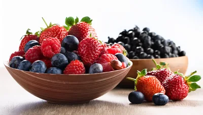 Fresh Berries In Wooden Bowls On A Table