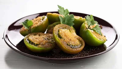 Roasted Green Tomato Halves on a Dark Plate