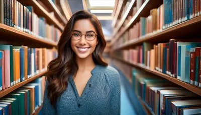Smiling Young Woman Standing In A Library