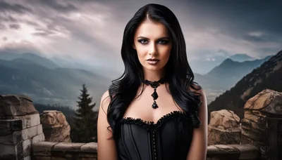 Gothic Woman In Black Corset Standing On Castle Balcony