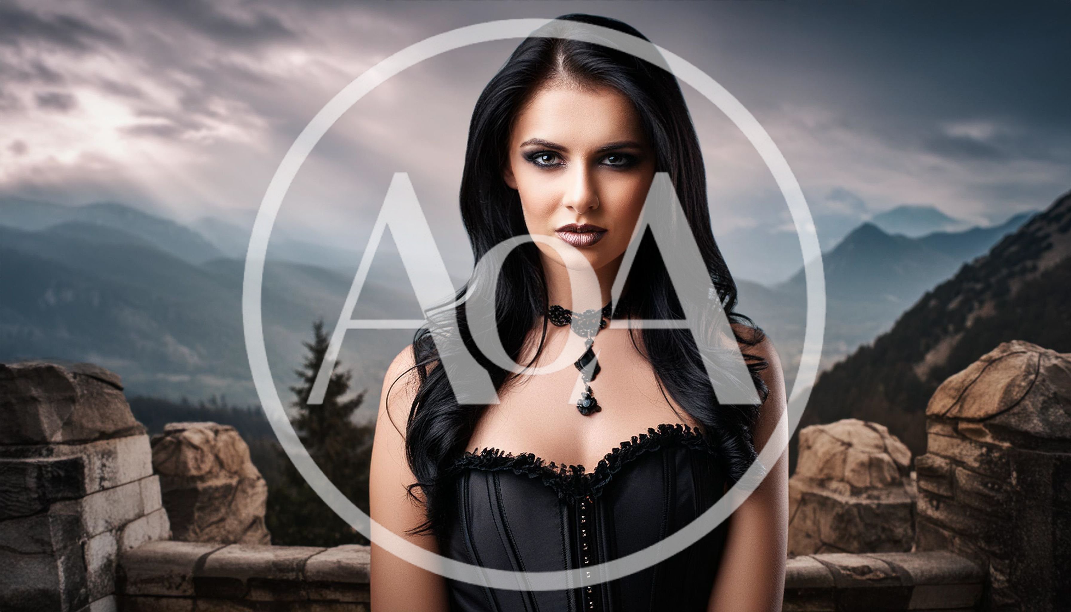 Gothic Woman In Black Corset Standing On Castle Balcony