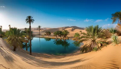 Scenic Desert Oasis With Palm Trees And Sand Dunes