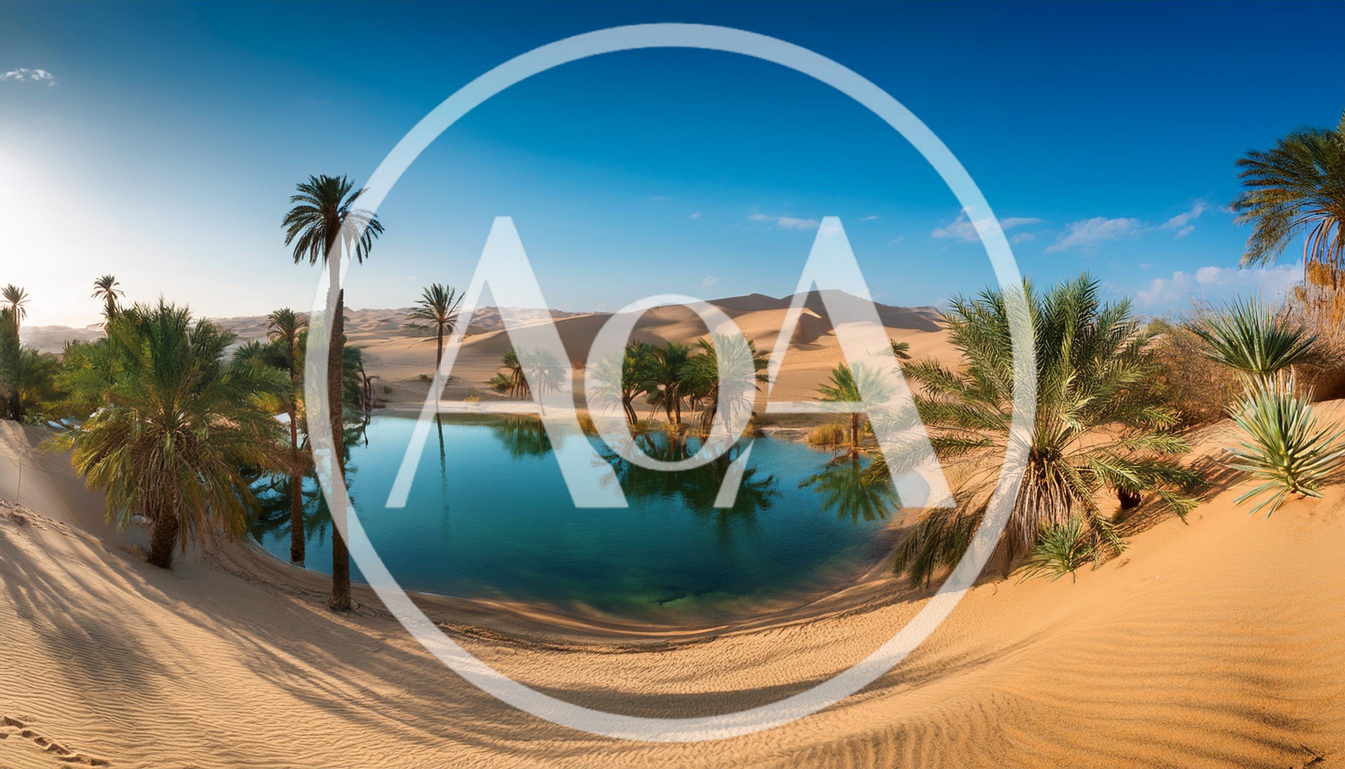 Scenic Desert Oasis With Palm Trees And Sand Dunes