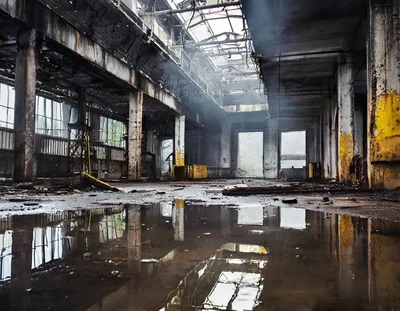 Abandoned Industrial Factory Interior With Flooded Floor