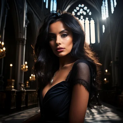 Elegant Woman With Long Dark Hair In Gothic Cathedral