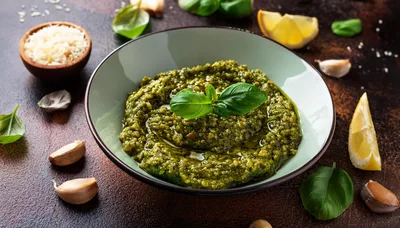Fresh Homemade Basil Pesto Sauce in a Bowl