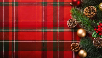 Christmas Decorations on Red Plaid Fabric Background