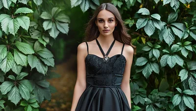 Young Woman In Black Dress Standing In Lush Foliage