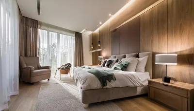 Modern Luxury Bedroom Interior With Wooden Wall Paneling