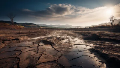 Cracked Dry Earth Landscape Under A Dramatic Sunset Sky