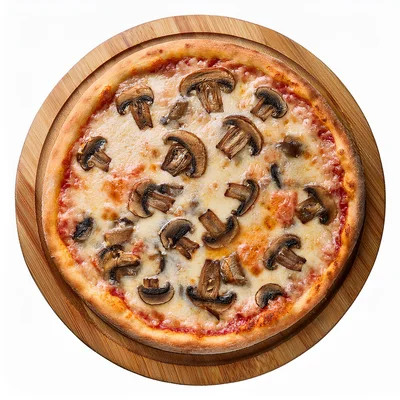 Fresh Mushroom Pizza On A Wooden Serving Board