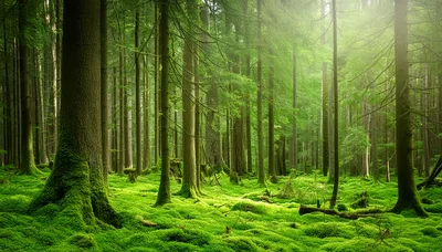 Lush Green Mossy Forest Floor With Tall Coniferous Trees