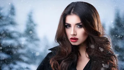 Portrait Of A Beautiful Woman In Snowy Winter Forest