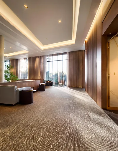 Modern Luxury Hotel Lobby Interior With Floor To Ceiling Windows