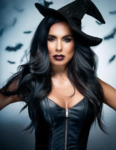 Beautiful Witch Woman In Leather Corset And Hat