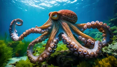Giant Octopus Swimming Over A Vibrant Coral Reef