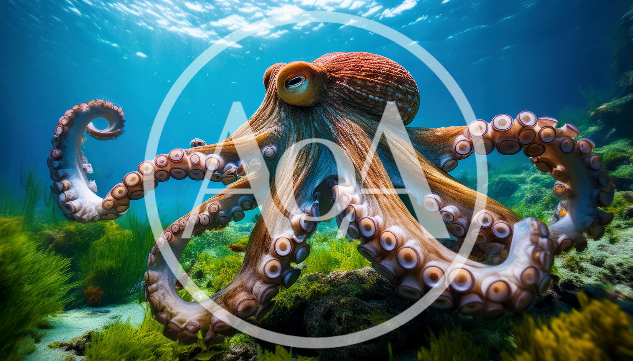 Giant Octopus Swimming Over A Vibrant Coral Reef