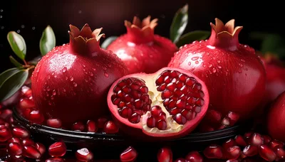 Fresh Pomegranates With Seeds On A Dark Plate