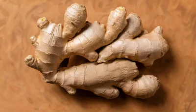 Fresh Raw Ginger Root On Textured Brown Background