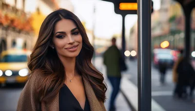 Beautiful Woman Standing At A City Bus Stop