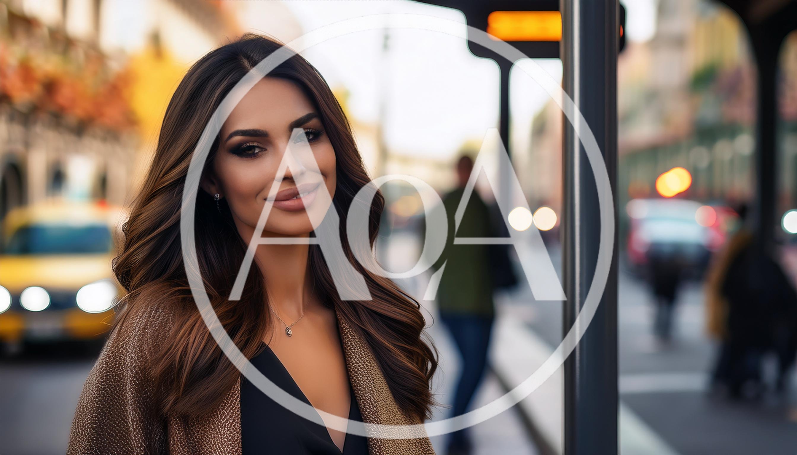 Beautiful Woman Standing At A City Bus Stop