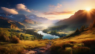 Golden Hour Mountain Valley With Serene Alpine Lake