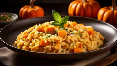 Pumpkin Risotto Served In A Dark Bowl