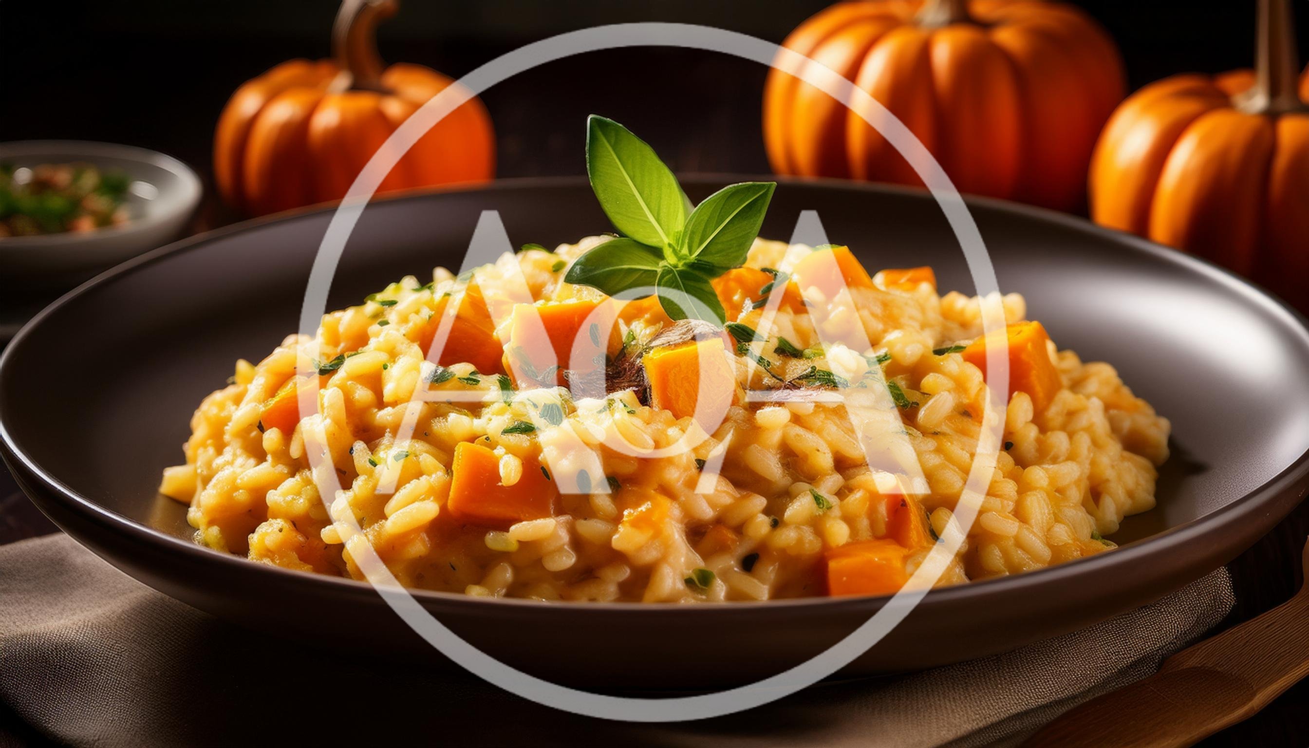 Pumpkin Risotto Served In A Dark Bowl