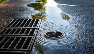 Raindrops Splashing Into A Storm Drain On Asphalt