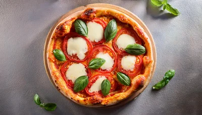 Fresh Margherita Pizza With Basil On Wooden Board