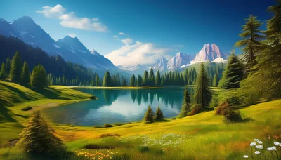 Alpine Lake Landscape With Mountain Peaks And Pine Forest