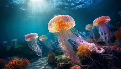 Bioluminescent Jellyfish Swimming Through Deep Ocean Reef