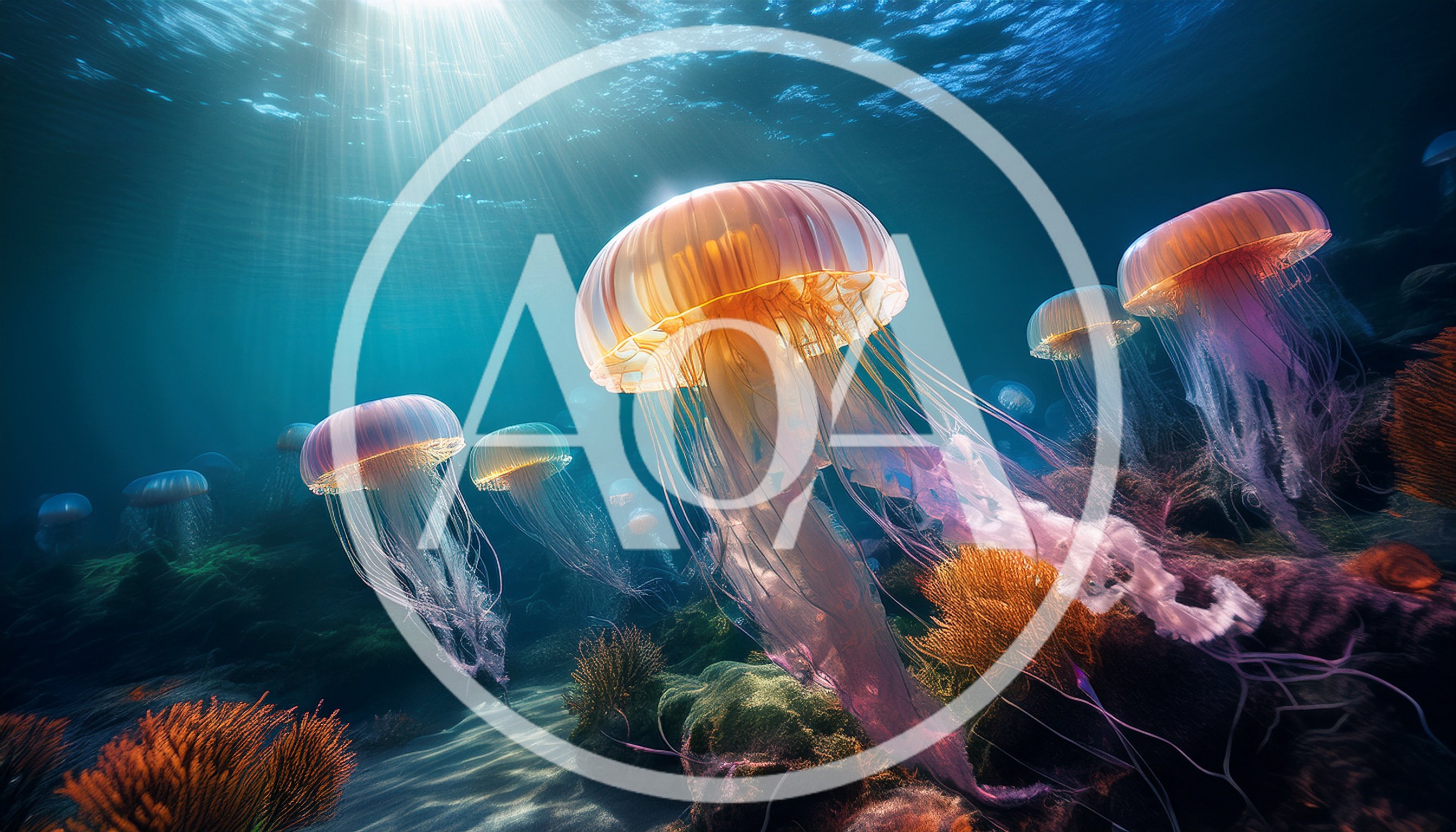 Bioluminescent Jellyfish Swimming Through Deep Ocean Reef