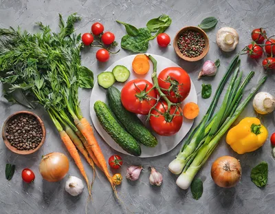 Fresh Vegetables and Spices on Gray Concrete Background