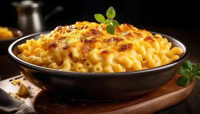 Baked Macaroni and Cheese in a Dark Bowl
