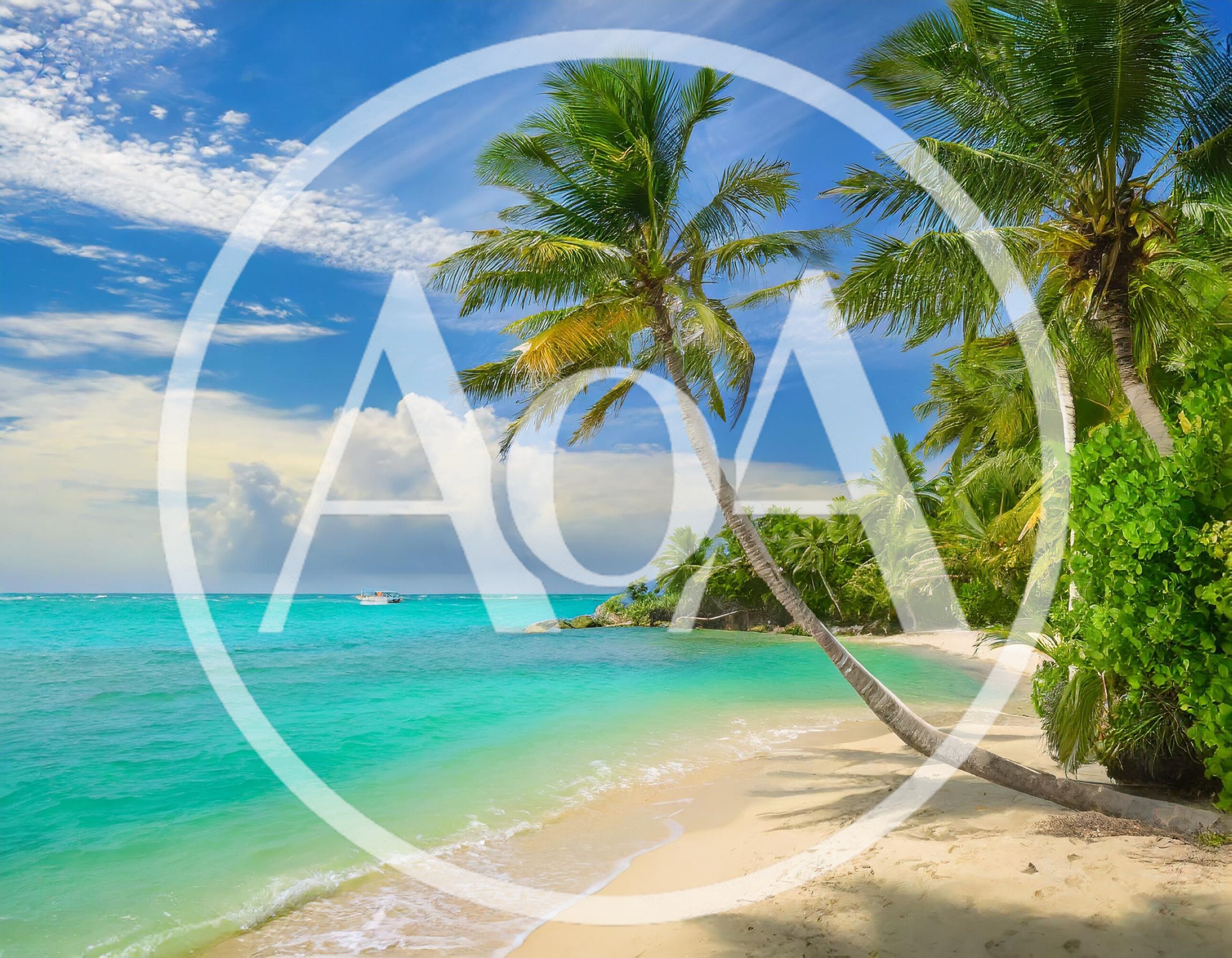 Leaning Palm Tree On A Tropical Caribbean Beach