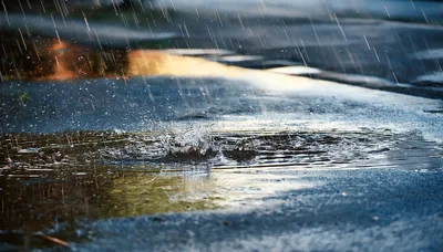 Raindrops Falling Into A Puddle On Asphalt
