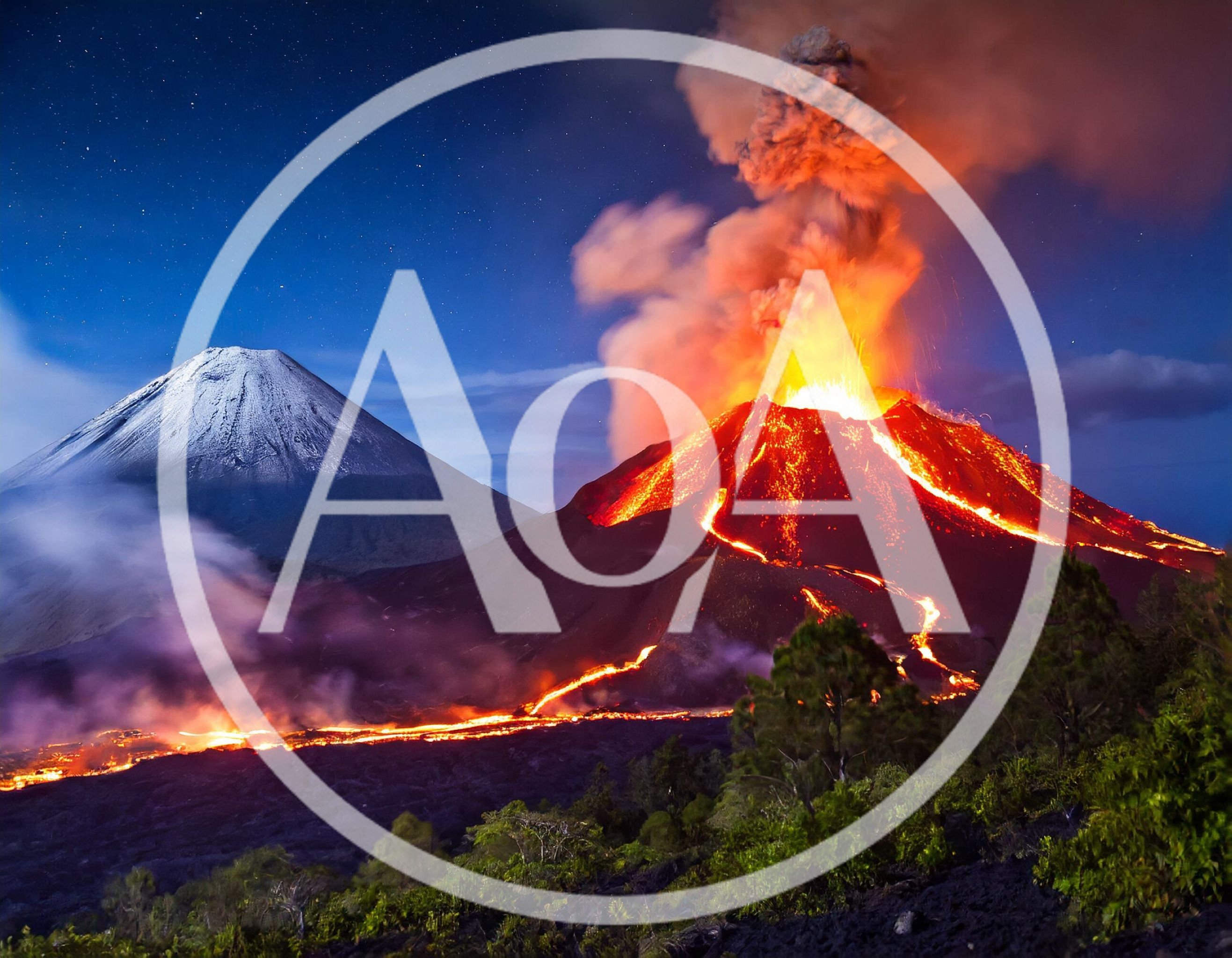 Volcanic Eruption With Lava Flows And Ash Plume