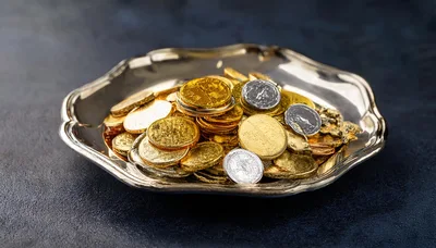 Gold and Silver Chocolate Coins on a Decorative Plate