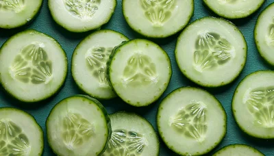 Fresh Sliced Cucumber Rounds On Dark Green Background