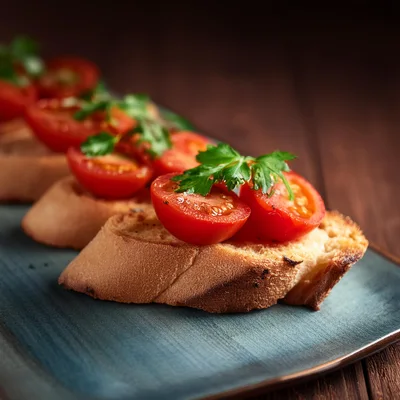 Fresh Tomato Bruschetta Slices On A Blue Plate