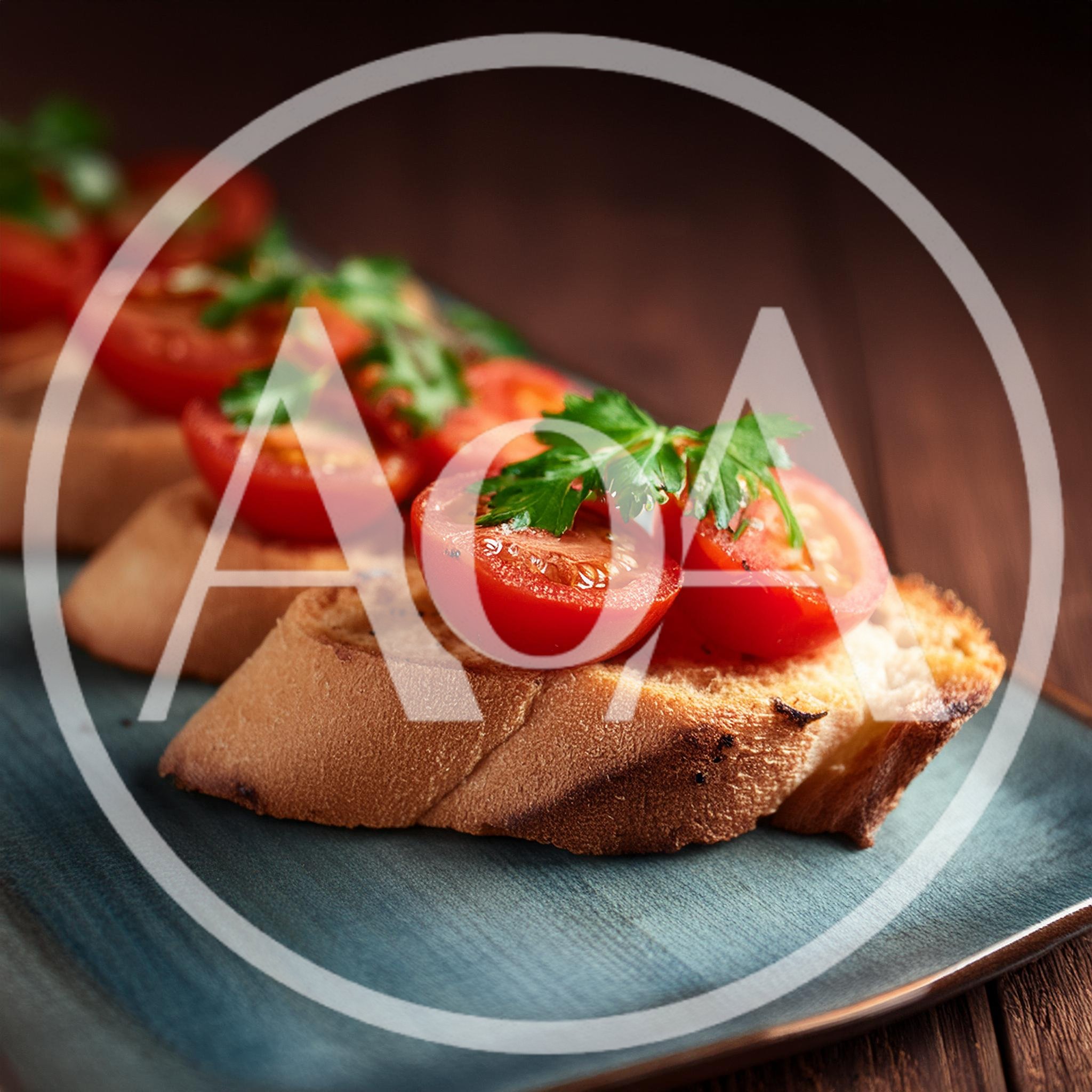 Fresh Tomato Bruschetta Slices On A Blue Plate
