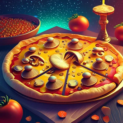 Mushroom Topped Pizza With Fresh Tomatoes On Wooden Table