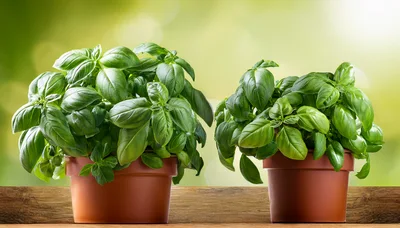 Two Potted Basil Plants On A Wooden Surface