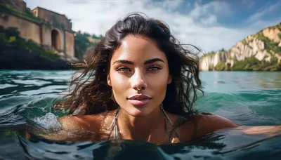Beautiful Woman Swimming In A Scenic Lake
