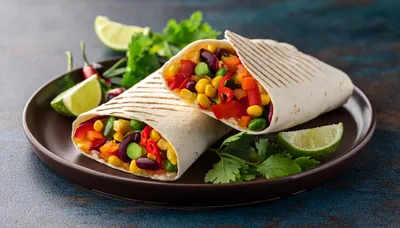 Two Halves Of A Vegetable Burrito On A Plate