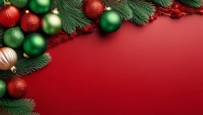 Christmas Ornaments and Pine Branches on Red Background